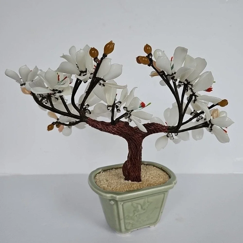 Vintage‎ Chinese Glass Bonsai Tree White Flower Celadon Pot Chinoiserie Decor